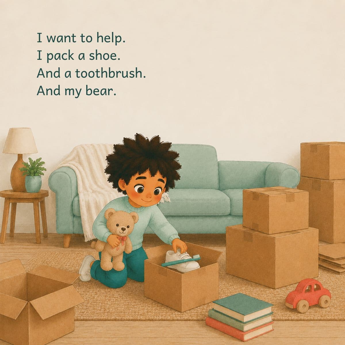 Interior page: the child kneels in the living room among packing boxes, holding Bear in one arm and putting a shoe and toothbrush into a box.
