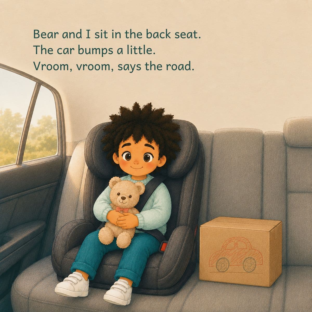 Interior page: the child sits buckled into a car seat holding Bear, a packing box on the seat beside them.