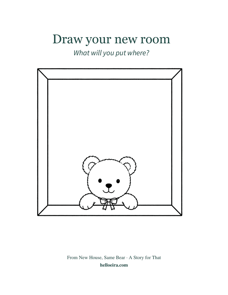 Preview of the printable page: a large empty picture frame for a child to draw their new room in, with a small bear peeking over the bottom edge.