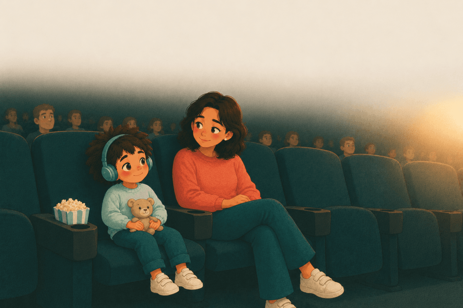 A child wearing headphones sits next to their mum in a cinema, holding a teddy bear, looking calm.